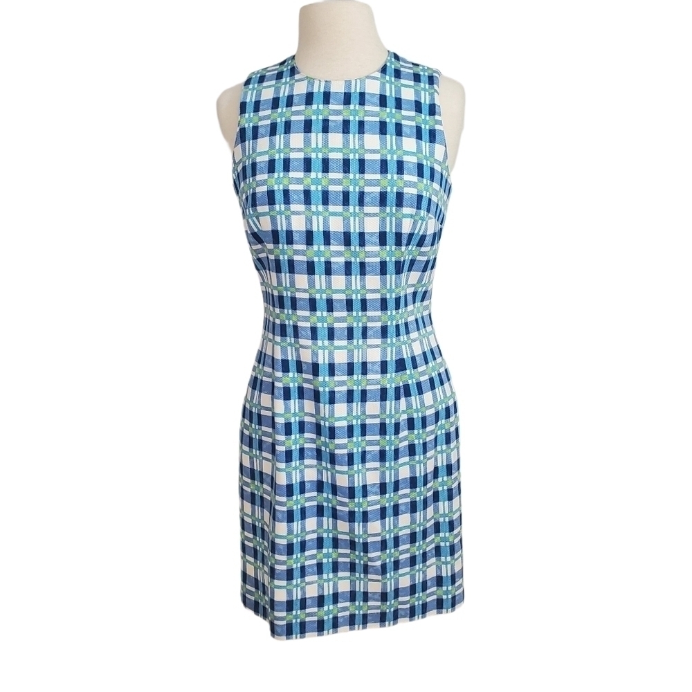 Kenar Blue Plaid Open Square Back Sheath Dress